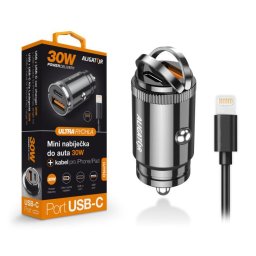 Alligátor mini autós töltő Power Delivery 30W, USB-C USB-A, USB-C kábel iPhone/iPadhez/iPadhez