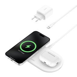 Belkin BOOST CHARGE™ PRO Qi2 2in1 mágneses töltőpad iPhone-hoz/AirPodshoz, fehér színű