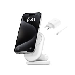 Belkin BOOST CHARGE Qi2 15 W 2 az 1-ben mágneses töltőállvány, összecsukható, fehér