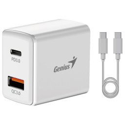 GENIUS töltőkészlet PD-20ACP, 20W, gyorstöltés, USB-C PD3.0, USB-A QC3.0, 1m USB-C USB-C kábel, fehér színű