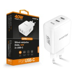 Intelligens hálózati töltő ALIGATOR Power Delivery 40W, 2xUSB-C, fehér