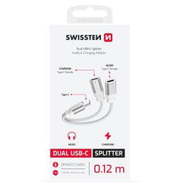 SWISSTEN FELTÖLTŐ AUDIO ADAPTER TEXTIL USB-C (férfi) / 2x USB-C (női) 0,12 M FEHÉR