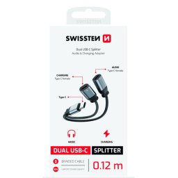 SWISSTEN TÖLTŐ AUDIO ADAPTER TEXTIL USB-C (férfi) / 2x USB-C (női) 0,12 M FEKETE