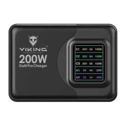 Viking USB GaN töltő 200W PD PRO/hálózati adapter/kimenet: 3xUSB-C,2xUSB-A/gyors töltés/