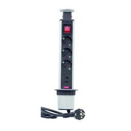 GAO Energiaoszlop asztali, süllyeszthető 3 dugalj+USB kapcs 250V, 16A, 1.5m, H05VV-F 3x1.5 mm², IP20