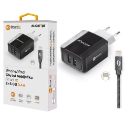ALIGATOR 3.4A intelligens hálózati töltő, 2xUSB, intelligens IC, fekete, kábel iPhone/iPad 2A