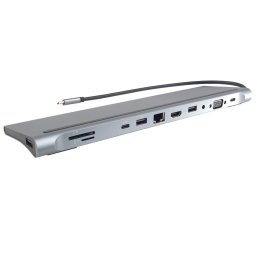 PREMIUMCORD dokkolóállomás USB-C 10in1, 1xHDMI, 1xVGA, 2xUSB-C, 3xUSB, 1xRJ45, SD kártyaolvasó, szürke színű