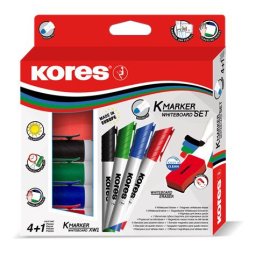 KORES Tábla- és flipchart marker készlet mágneses táblatörlő szivaccsal, 3 mm, kúpos KORES "XW1", 4 különböző szín