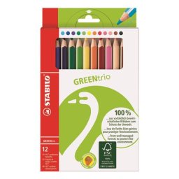 STABILO Színes ceruza készlet, háromszögletű, vastag, STABILO "GreenTrio", 12 különböző szín