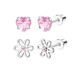 Szív és virág, kristályos orvosi fém kislány fülbevaló szett