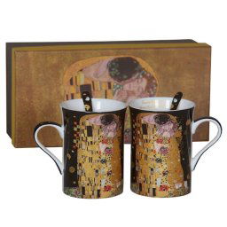 Klimt porcelán bögre szett kanállal 250 ml - 2 darabos -The Kiss fekete hátterű