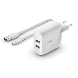Belkin BOOST CHARGE™ Dual 24W USB-A fali töltő 1m USB-C kábel, fehér