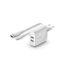 Belkin BOOST CHARGE kettős 24 W-os USB-A fali töltő 1 m-es Lightning-kábel, fehér