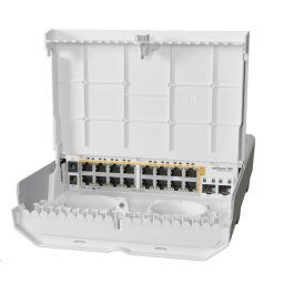 MikroTik Cloud Router Switch CRS318-16P-2S OUT, 800MHz CPU, 256MB, 16x10/100/1000 (PoE-out), 2xSFP , incl.L5, kültéri használatra alkalmas