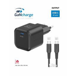SWISSTEN HÁLÓZAT ADAPTER GaN 1x USB-C 20W TÁMOGATÁS FEKETE ADATKÁBEL USB-C/USB-C 1,2 M FEKETE