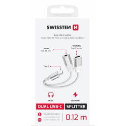 SWISSTEN TÖLTŐ AUDIO ADAPTER TEXTIL USB-C (férfi) / USB-C (női) és 3,5 mm-es AUX 0,12 M FEHÉR