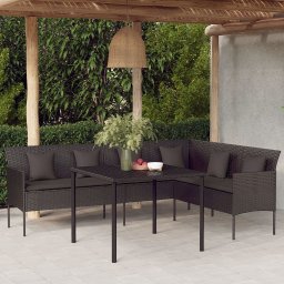 vidaXL L-alakú fekete polyrattan kerti kanapé párnákkal