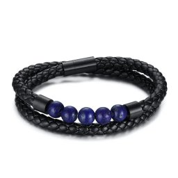 Öko-bőr férfi karkötő, lapis lazuli ásvánnyal, nemesacél kapoccsal