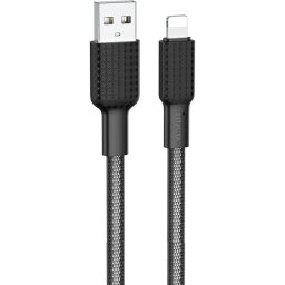 USB töltő- és adatkábel, Lightning, 100 cm, 2400 mA, törésgátlóval, gyorstöltés, cipőfűző minta, Hoco X69 Jaeger, fekete/fehér