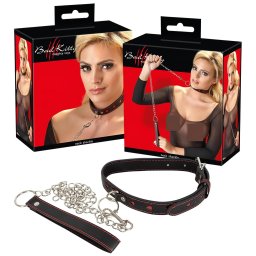 Bad Kitty - szíves nyakörv és fém póráz, bondage szett (fekete)