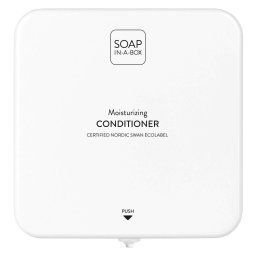 Soap-In-A-Box fényes fehér hajkondicionáló adagoló, előlap