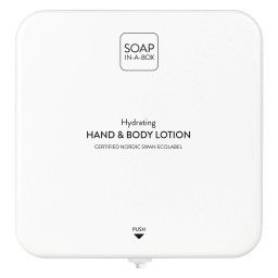 Soap-In-A-Box fényes fehér kéz- és testápoló adagoló, előlap
