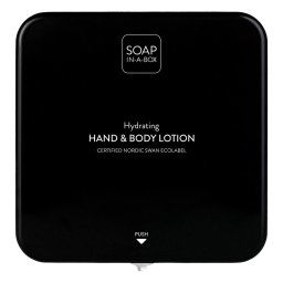 Soap-In-A-Box fényes fekete kéz- és testápoló adagoló, előlap
