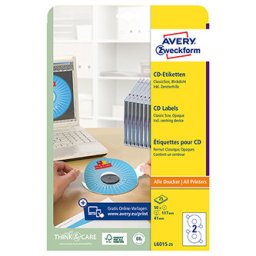 Avery Zweckform CD-címkék 117/41mm, A4, matt, fehér, 2 címke, 25 darabos csomag, L6015-25, lézer- és tintasugaras nyomtatókhoz