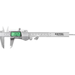 EXTOL PREMIUM digitális tolómérő; 0,01×150mm, kijelző háttérvilágítással, mélységmérővel, rozsdamentes acél, pontosság ?0,02/0,0