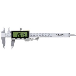 EXTOL PREMIUM digitális tolómérő; 0,01×150mm, mélységmérővel, rozsdamentes acél, pontosság ?0,02 mm, IP54