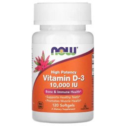 NOW Foods D3-vitamin, nagy hatékonyságú, 10 000 NE, 120 db
