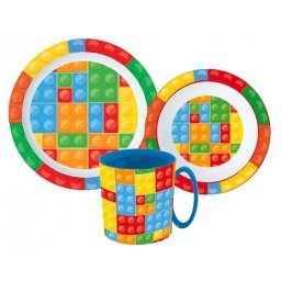 Lego mintázatú Bricks étkészlet, micro műanyag szett bögrével 350 ml