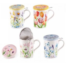 Virágos bögre porcelán tetővel és fém szűrővel - 350 ml 4-féle - díszdobozban
