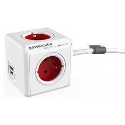 Hosszabbító kábel 230V, CEE7 (villa) - POWERCUBE, 1,5m, EXTENDED USB, piros, POWERCUBE, 4 aljzat, 2xUSB port, gyermek p