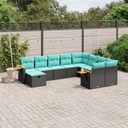 vidaXL 10 részes fekete polyrattan kerti ülőgarnitúra párnával