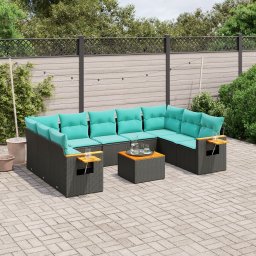 vidaXL 10 részes fekete polyrattan kerti ülőgarnitúra párnával