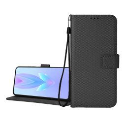 Tok álló, bőr hatású (FLIP, oldalra nyíló, asztali tartó, rombusz + kézpánt) FEKETE Infinix Hot 50 Pro 4G (X6881)