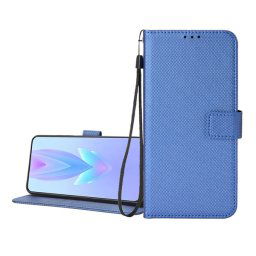 Tok álló, bőr hatású (FLIP, oldalra nyíló, asztali tartó, rombusz + kézpánt) SÖTÉTKÉK Infinix Hot 50 4G (X6882)