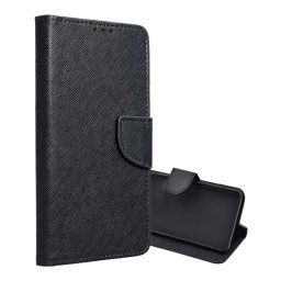 Tok álló, bőr hatású (FLIP, oldalra nyíló, asztali tartó, kártyazseb, textil hatás) FEKETE Xiaomi 15