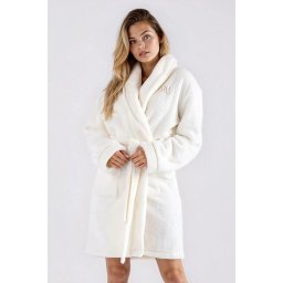 Glamour női bolyhos fürdőköpeny, ekrü, hímzéssel