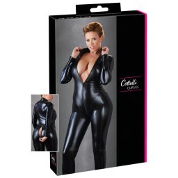 Cottelli Plus Size - fényes hosszúujjú party overál, macskanő jelmez (fekete)