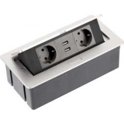 Fém házas, asztalba süllyeszthető elosztó, 2x230V+2×USB 2.1A, kinyitható, alumínium