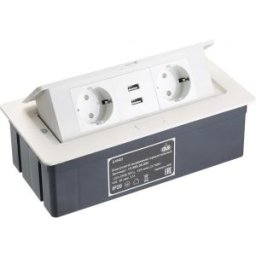 Fém házas, asztalba süllyeszthető elosztó, 2x230V+2×USB 2.1A, kinyitható, fehér