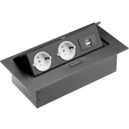 Fém házas, asztalba süllyeszthető elosztó, 2x230V+2×USB, kinyitható, fekete