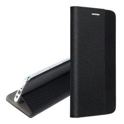 Tok álló, bőr hatású (FLIP, oldalra nyíló, asztali tartó, textil minta) FEKETE Xiaomi Redmi Note 14 Pro 5G