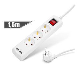Elosztó 3-as - 3 x 1,5 mm - 1,5 m - 2 x USB-vel - kapcsolós