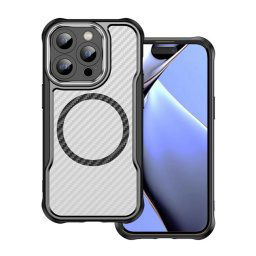 Szilikon telefonvédő (ütésállóság, légpárnás sarok, kameravédő, karbon minta, MagSafe) FEKETE Apple iPhone 14 Pro
