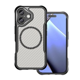 Szilikon telefonvédő (ütésállóság, légpárnás sarok, kameravédő, karbon minta, MagSafe) FEKETE Apple iPhone 16