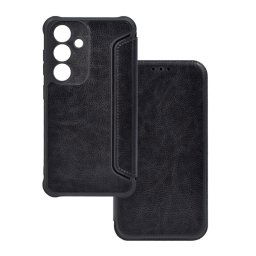 Tok álló, bőr hatású (FLIP, oldalra nyíló, ütésállóság, légpárnás sarok, kameravédő) FEKETE Samsung Galaxy S25 (SM-S931)