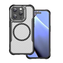 Szilikon telefonvédő (ütésállóság, légpárnás sarok, kameravédő, karbon minta, MagSafe) FEKETE Apple iPhone 15 Pro